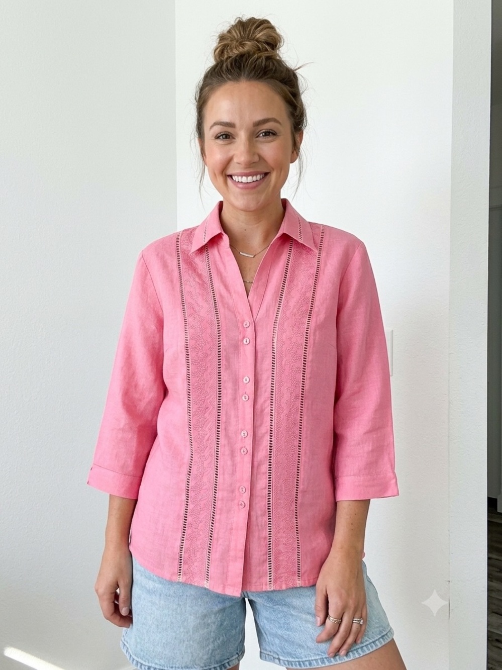 Lino USA Pink 100% Linen Embroidered Blouse Womens Large 3/4 Sleeve Guayabera⁠